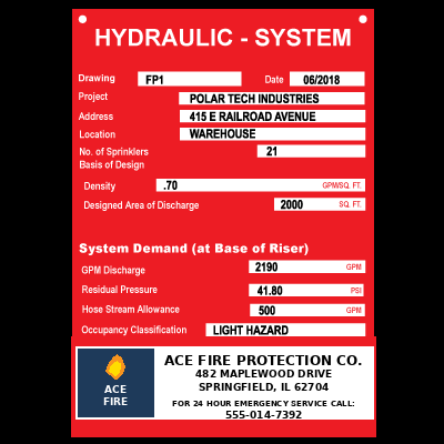 Hydraulic system sign with ACE Fire Protection sample branding and example data