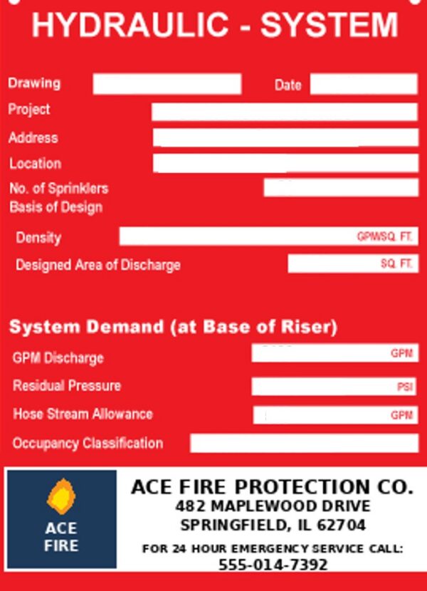 Hydraulic system sign with ACE Fire Protection sample branding and blank data fields